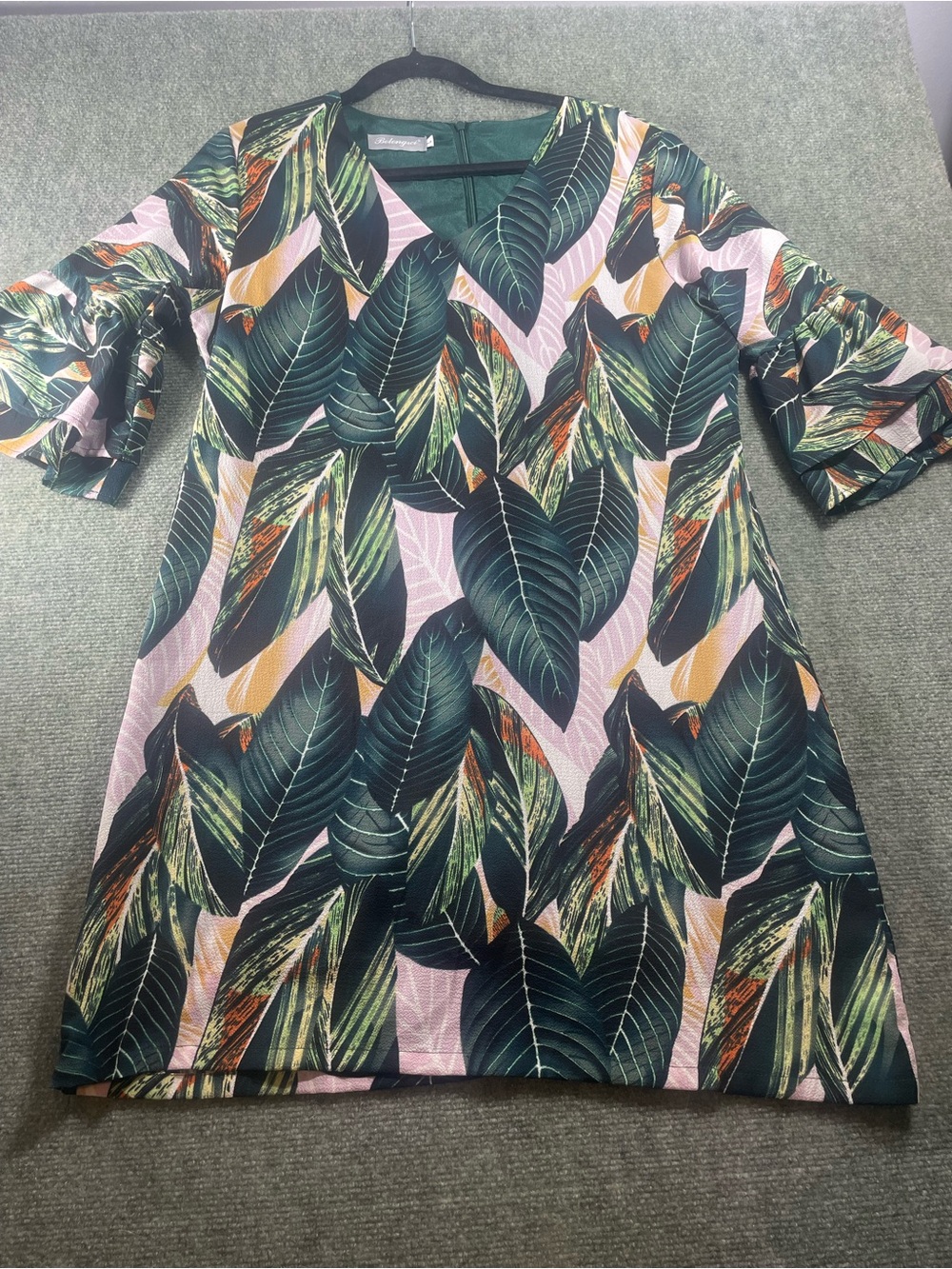 Leaf-Print V-Neck‎ Mini Dress in Green & Pink